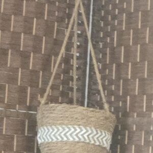 Natural Jute Hanging Basket with White Chevron Pattern